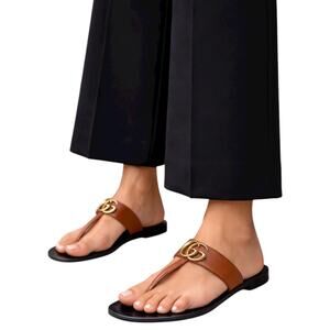 Gucci Leather Thong Sandals Gold Double G Logo Orange Brown Size 36